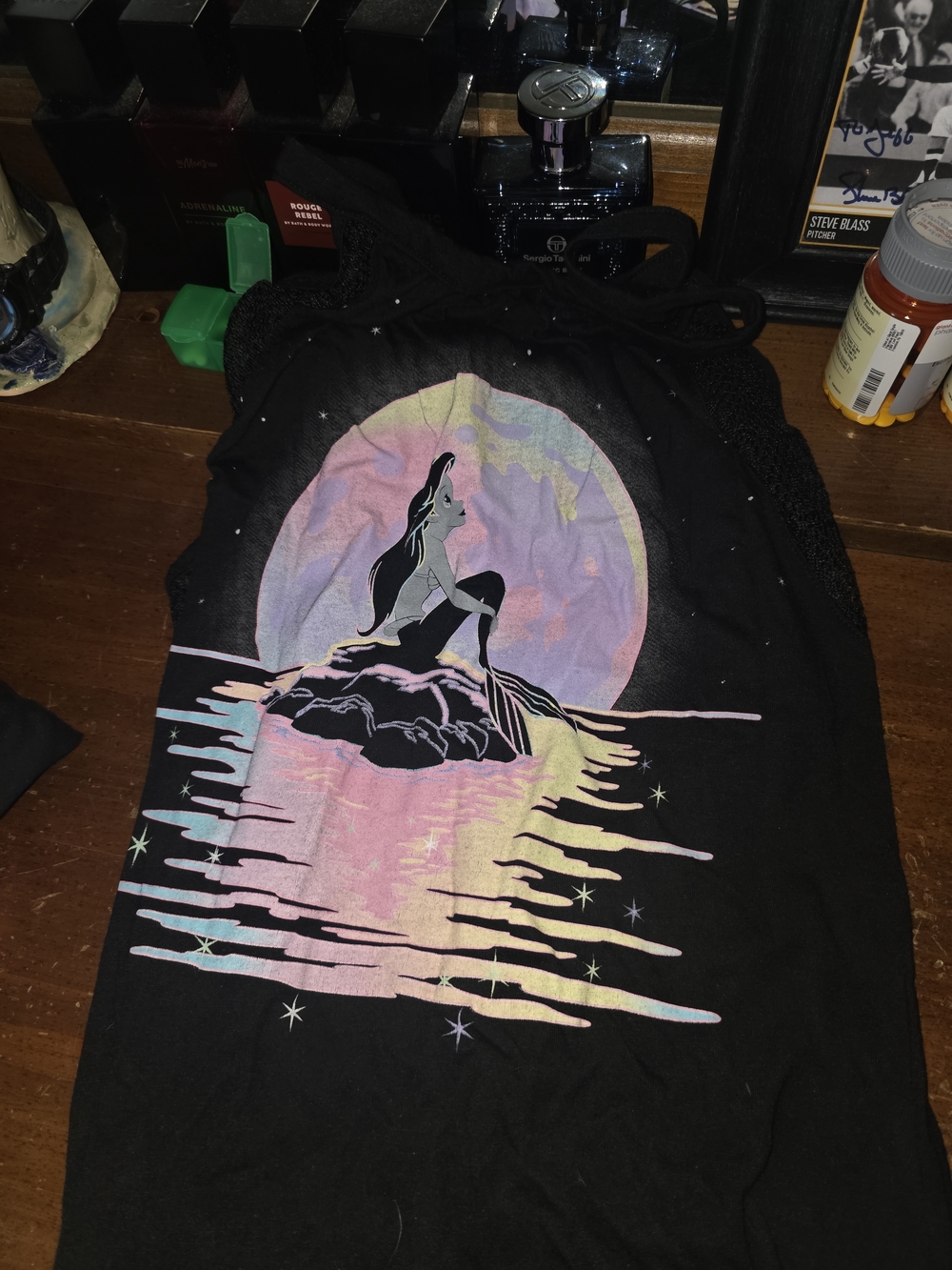 Black Drawstring Tank with Pastel Mermaid Graphic